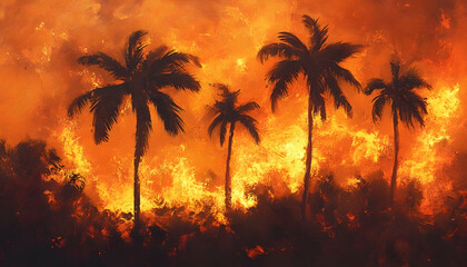 Palm trees silhouetted against a fiery wildfire at sunset, creating a striking landscape -