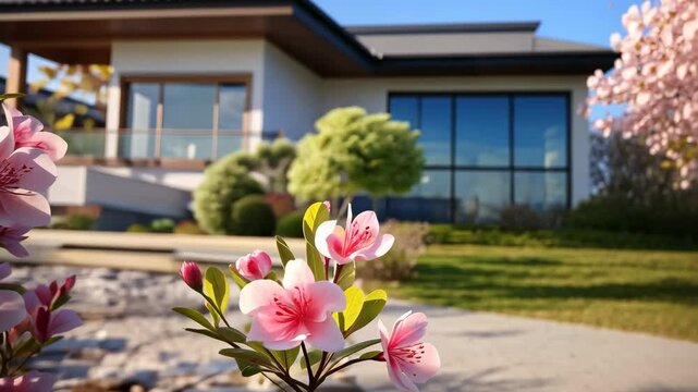 Blossoming cherry blossoms in front of modern home highlight spring vibrancy