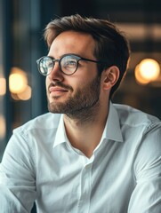 Obraz premium A young man in glasses gazing to the left, captured in a professional portrait with modern ambiance.