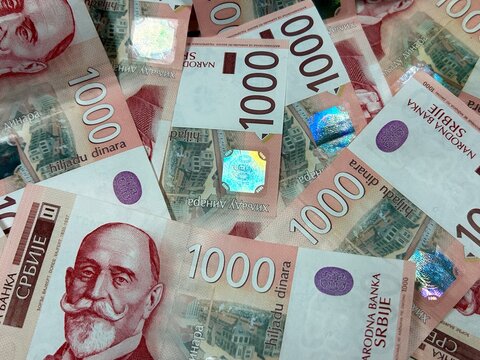 Serbian dinar banknotes background, hundred dinar cash serbian currency	