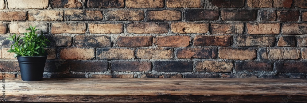 Aufkleber rustic wooden table with plant in pot placed against a textured brick wall ready for creative text d