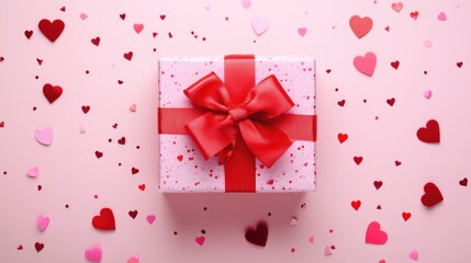 A pretty pink gift box tied with a red ribbon, scattered with heart-shaped confetti, symbolizing love and affection on the occasion of Valentine's day.