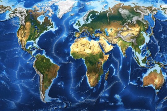 Earth map showing ocean floor topography and continents.