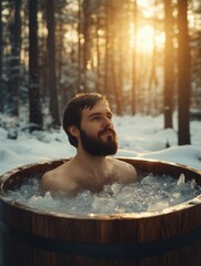 Bearded man immersed up to neck in ice cold water in wooden barrel, winter forest setting with sunset