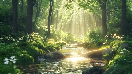 Fototapeta premium Serene forest stream glows golden sunlight dappled peaceful woods. AI Generated