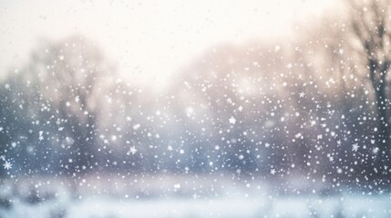 Fototapeta premium Winter landscape with snowflakes drifting against trees and pale sky