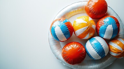 Colorful balls in ring, white background, summer fun, playtime.
