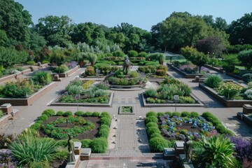 A beautifully landscaped garden featuring vibrant flowers, greenery, and a central statue.