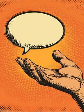 Hand zeigt Sprechblase in kr&auml;ftigen Farben mit Energiemuster im Hintergrund

