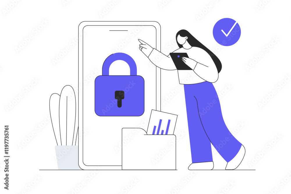 Poster saas concept. character manages files and information in cloud storage using secure access from mobi