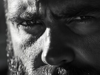 Naklejka premium Man with beard and intense gaze looking up.