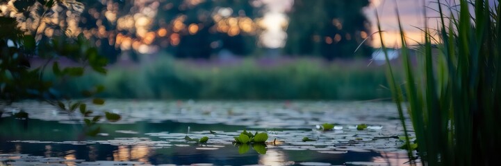 Fototapeta premium Tranquil pond with lily pads and blurred tree background