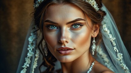 Close-up portrait of a beautiful bride with glowing blue eyes, adorned with an elegant veil, floral headpiece, and jewelry.  
