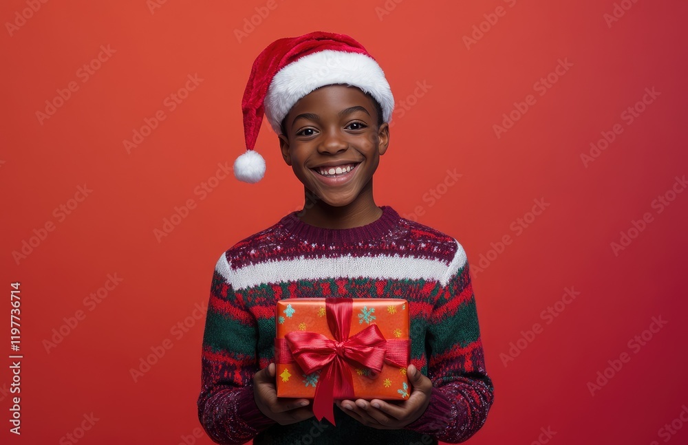 Wall mural A happy African American boy wearing a Christmas sweater and Santa hat, holding a wrapped present gift with a red bow