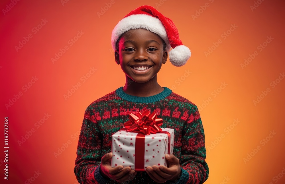 Wall mural A happy Black boy wearing a Christmas sweater and Santa hat, holding a wrapped gift with a red bow, isolated against a vibrant color background