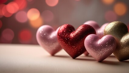 Fototapeta premium Glittery heart shapes on bokeh background representing love, romance, celebration, and warmth.