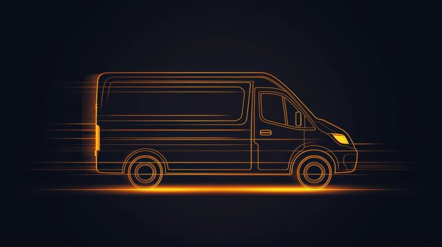 Glowing neon outline of van in motion on dark background