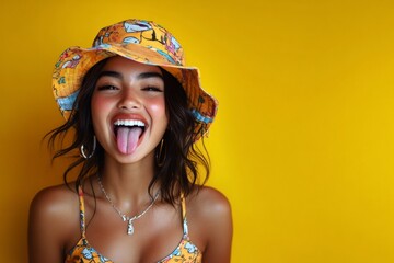 dame portant un chapeau seau tirant la langue à la manière chicano de Los Angeles, fond jaune