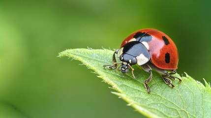 Ladybug walking on green leaf in summer sunlight