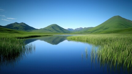 Obraz premium Calm lake reflecting mountains, serene landscape, idyllic summer scene, travel brochure