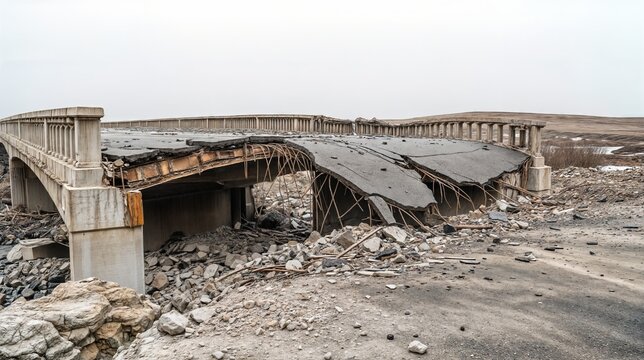 Destroyed bridge collapsing after natural disaster in rural landscape