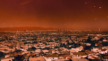 Devastating wildfire engulfs Los Angeles, turning city skyline into an orange haze as flames...