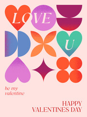 Happy Valentines Day romantic illustration.Modern typography banner template.Romantic greeting poster with hearts and geometric shapes background.Trendy vector concept for prints,invitations,ad,covers