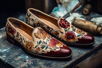 Elegant handcrafted shoes with floral patterns showcasing craftsmanship and bespoke design