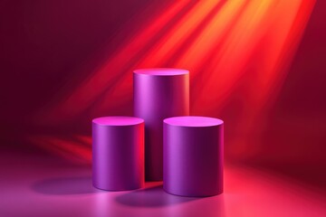 Three Purple Cylinders on Red Background