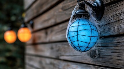 a string of lights with a blue and orange ball on a wooden wall