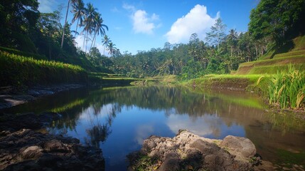 Obraz premium Tranquil Bali rice paddy reflection, sunrise