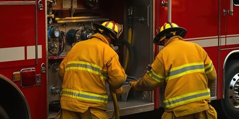 Two firefighters in yellow protective gear working together at the back of a fire truck, managing equipment during an emergency rescue operation.