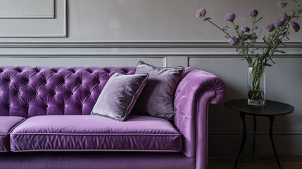Obraz premium Vibrant Purple Velvet Sofa in Modern Living Room