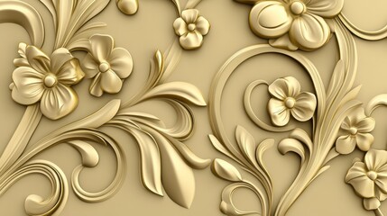 Golden Floral Bas-Relief Wall Decor: Exquisite Ornate Architectural Design