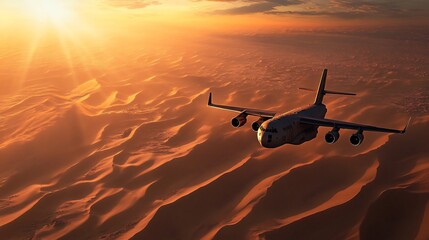Sunset Flight over the Sahara Desert: A Military Cargo Plane Soaring Above Orange Dunes