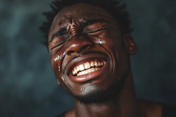 Close up of a young man's face expressing intense joy with tears streaming down his cheeks