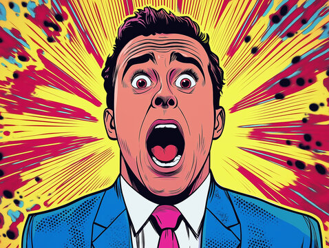 Mann im Anzug schreit erschrocken vor einem explosiven Hintergrund

