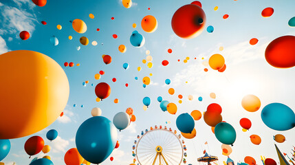 Colorful balloons float against a bright blue sky, a Ferris wheel visible in the background.  A festive and joyful scene, perfect for celebrations.