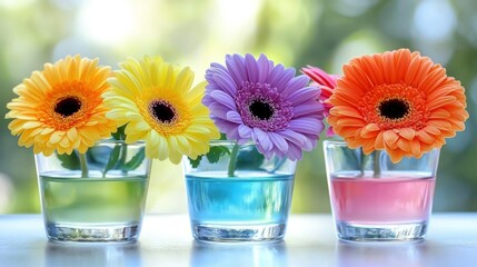 Fototapeta premium Colorful gerbera daisies in glasses, garden bokeh.