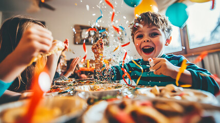 Joyful children celebrate a birthday party, surrounded by confetti and balloons.  A young boy laughs as he throws streamers, capturing the excitement of the festive occasion.