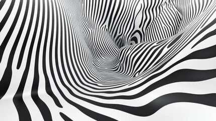 "Abstract 3D black and white wave art background, featuring dynamic, flowing lines that convey movement and depth, with a minimalist design and high-contrast patterns."

