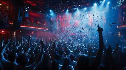Energetic concert crowd with raised hands, confetti falling from the stage in a vibrant, dimly lit venue.  The atmosphere is exciting and celebratory.