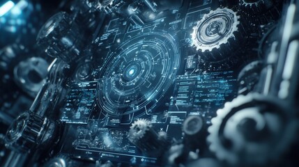 A crisp uncluttered shot of a tablets maintenance schedule interface with proactive maintenance alerts evident set against a backdrop of rotating gears and mechanized arms.