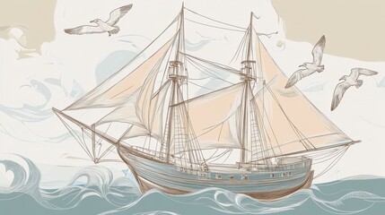 Vintage Sailing Ship Illustration: A Detailed Artistic Depiction of a Majestic Vessel on the Ocean