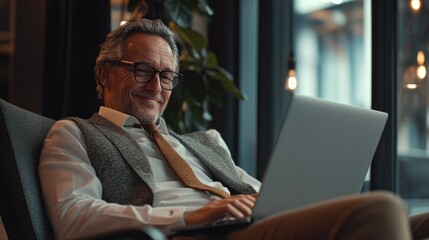 Fototapeta premium Businessman Engrossed in Work on Laptop