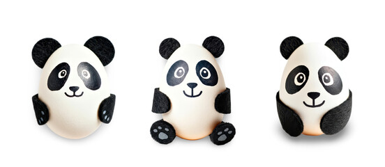 Naklejka premium Eggs Decorated as Cute Pandas: Whimsical Art for Easter and Beyond. Easter concept