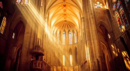Naklejka premium Gothic Cathedral Interior Bathed in Golden Sunlight Through Stained Glass