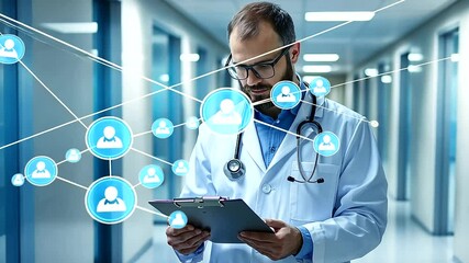 A focused doctor with a stethoscope, holding a clipboard while standing in a sleek hospital hallway featuring subtle medical graphics and calming tones for a promotional banner