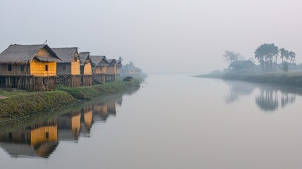 Obraz premium Misty river village houses reflection sunrise tourism