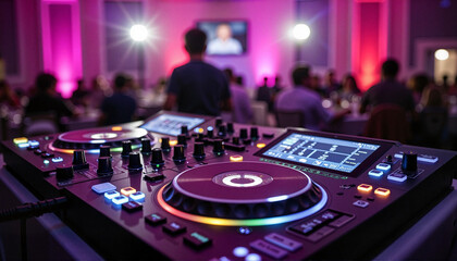 DJ equipment setup at wedding fair booth, vibrant event ambiance, Wedding Fair Visits